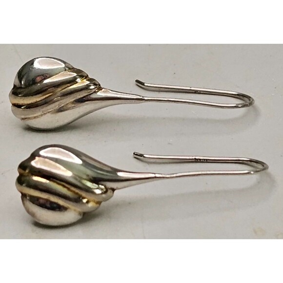 925 Ribbed with Gold Puffy Tear Drop Threader Style Earrings 1 5/8"Lx1/2"W - Picture 8 of 9